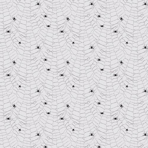 Creepy Crawlers fabric in cement from the Eerie collection by Katerina Roccella for Art Gallery Fabrics featuring tiny hand drawn spiders and spider webs