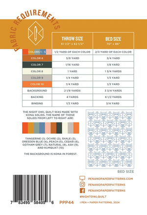 Night Owl quilt pattern by Pen + Paper Patterns fabric requirements