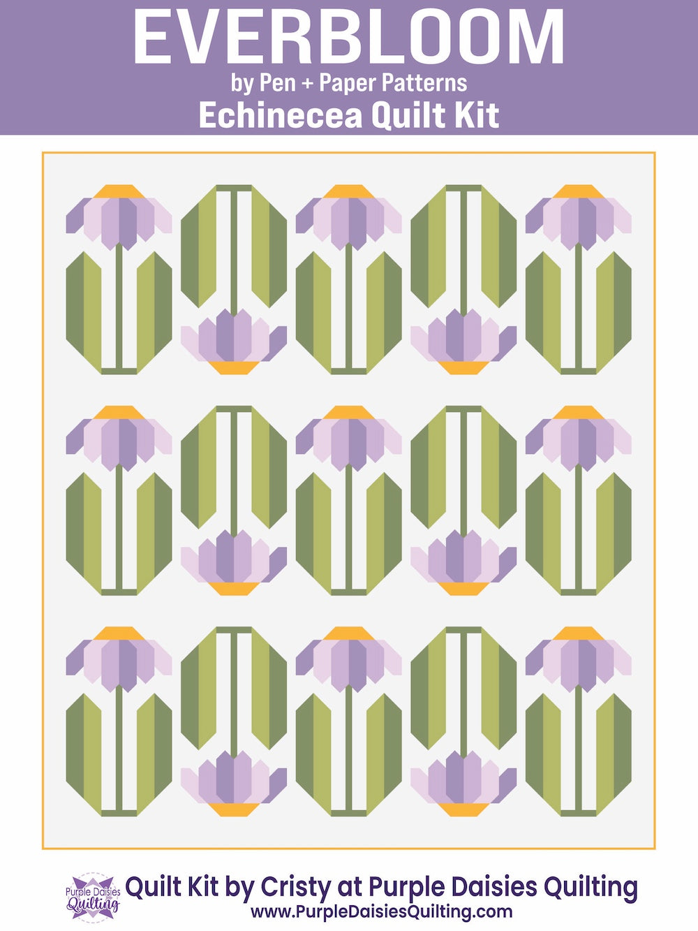 Everbloom quilt pattern and quilt kit with purple fabrics by Pen + Paper Patterns