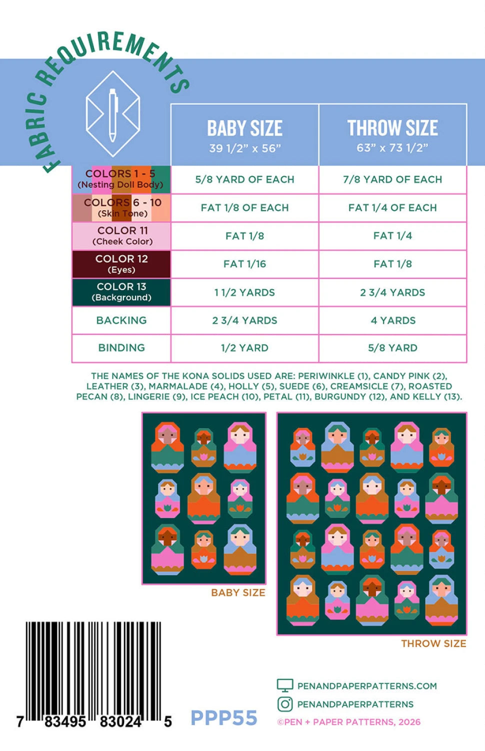 Nesting Dolls quilt pattern by Pen + Paper Patterns quilt kit with PURE Solids by Art Gallery Fabrics