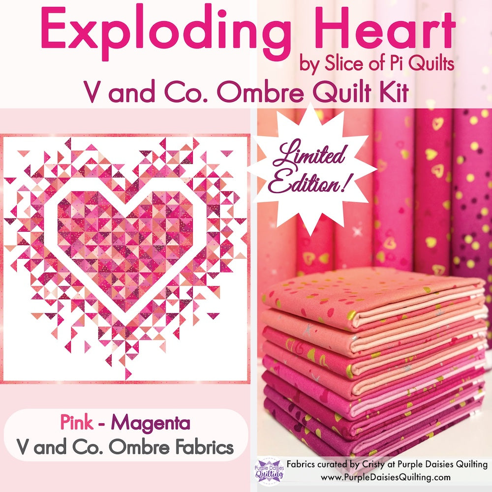 Quilt kit for Exploding Heart by Slice of Pi Quilts with V and Co. Ombre fabrics