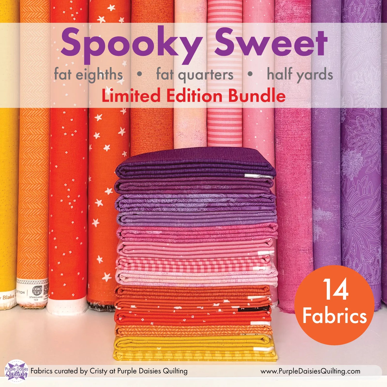 Spooky Sweet fabric bundle with Halloween and Fall themed fabrics from Moda, Art Gallery Fabrics, Riley Blake, and Dear Stella