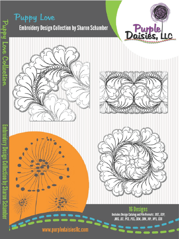 Puppy Love digitized longarm and machine embroidery designs by Sharon Schamber