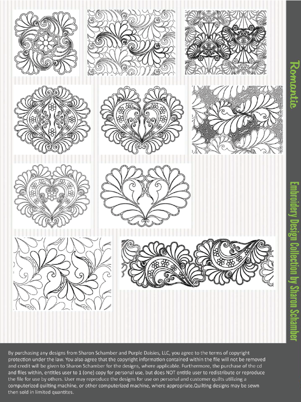 Romantic digitized longarm and machine embroidery designs by Sharon Schamber