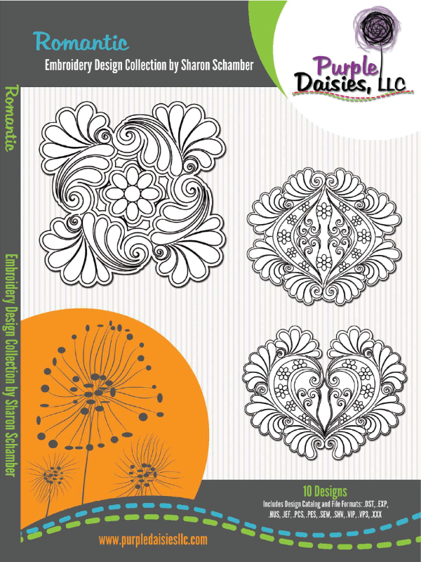 Romantic digitized longarm and machine embroidery designs by Sharon Schamber